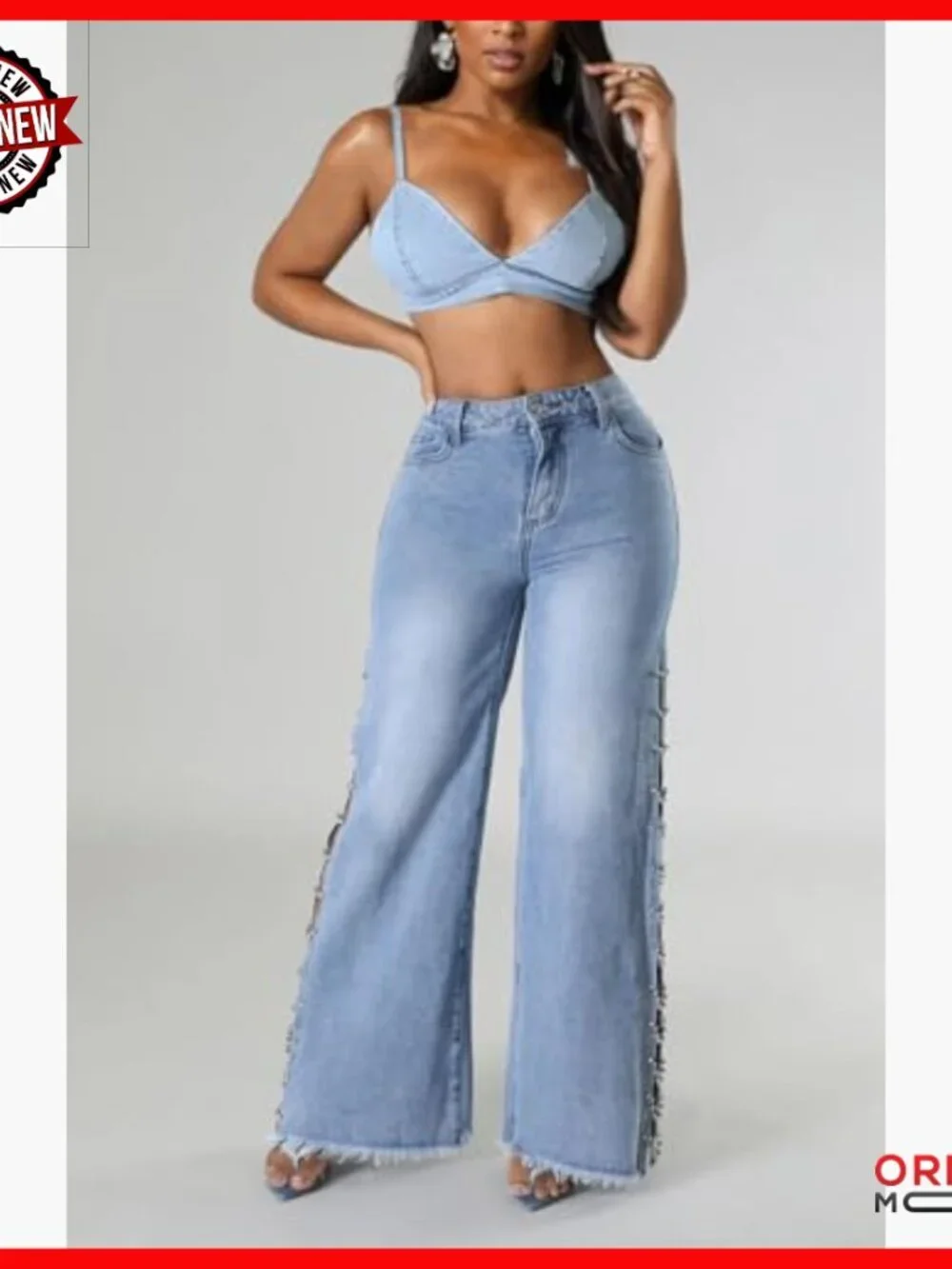 High Waist Rhinestone Jeans Diamond Lace Up Hollow Out Split Denim Pants Fringe